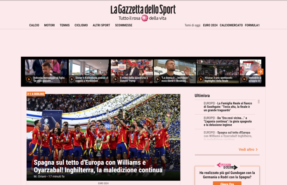 La Gazzetta dello Sport: "España toca el techo de Europa y la maldición continúa para Inglaterra"