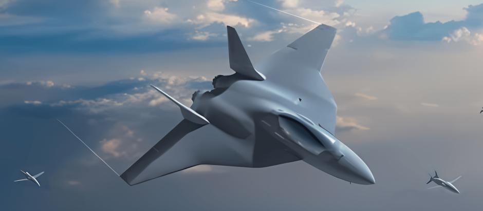 Recreación del caza de combate de sexta generación del futuro sistema de combate aéreo (FCAS)