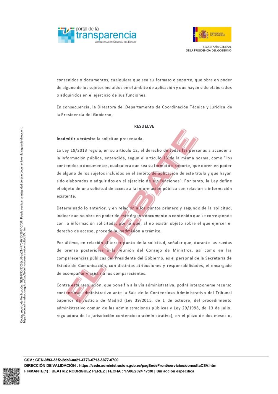 Documento de Transparencia al que ha tenido acceso El Debate