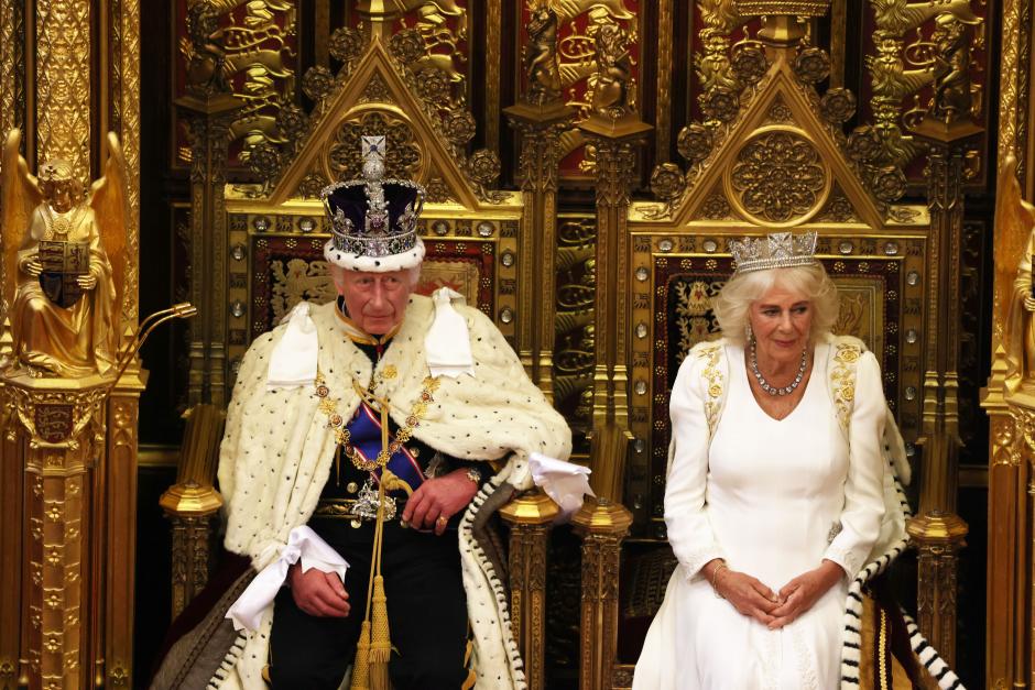 King Charles III and Queen Camilla attending the State Opening of Parliament in the House of Lords at the Palace of Westminster in London