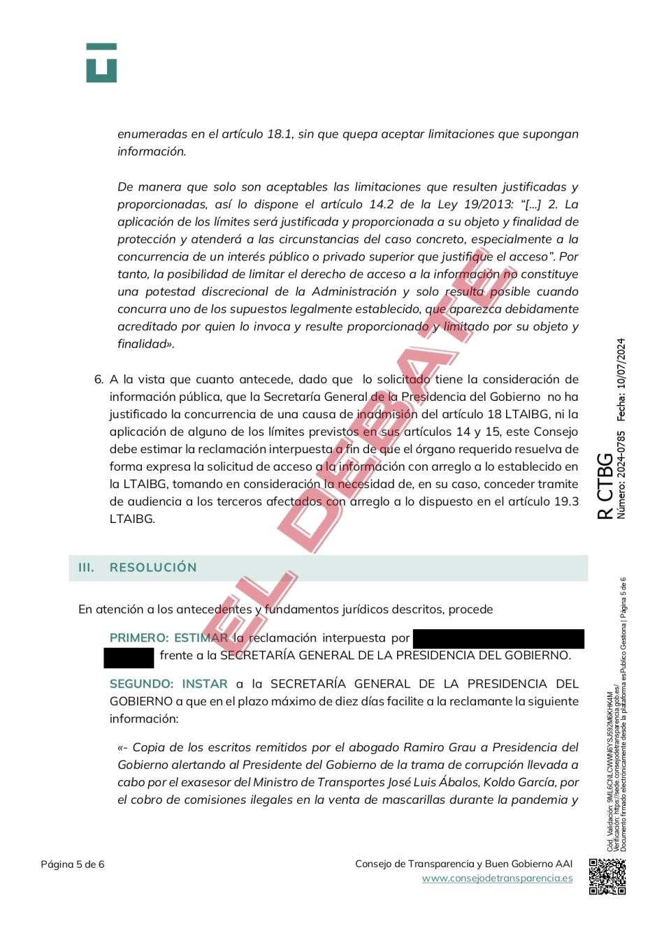 Resolución de Transparencia que obliga a Sánchez a dar explicaciones sobre el caso Koldo