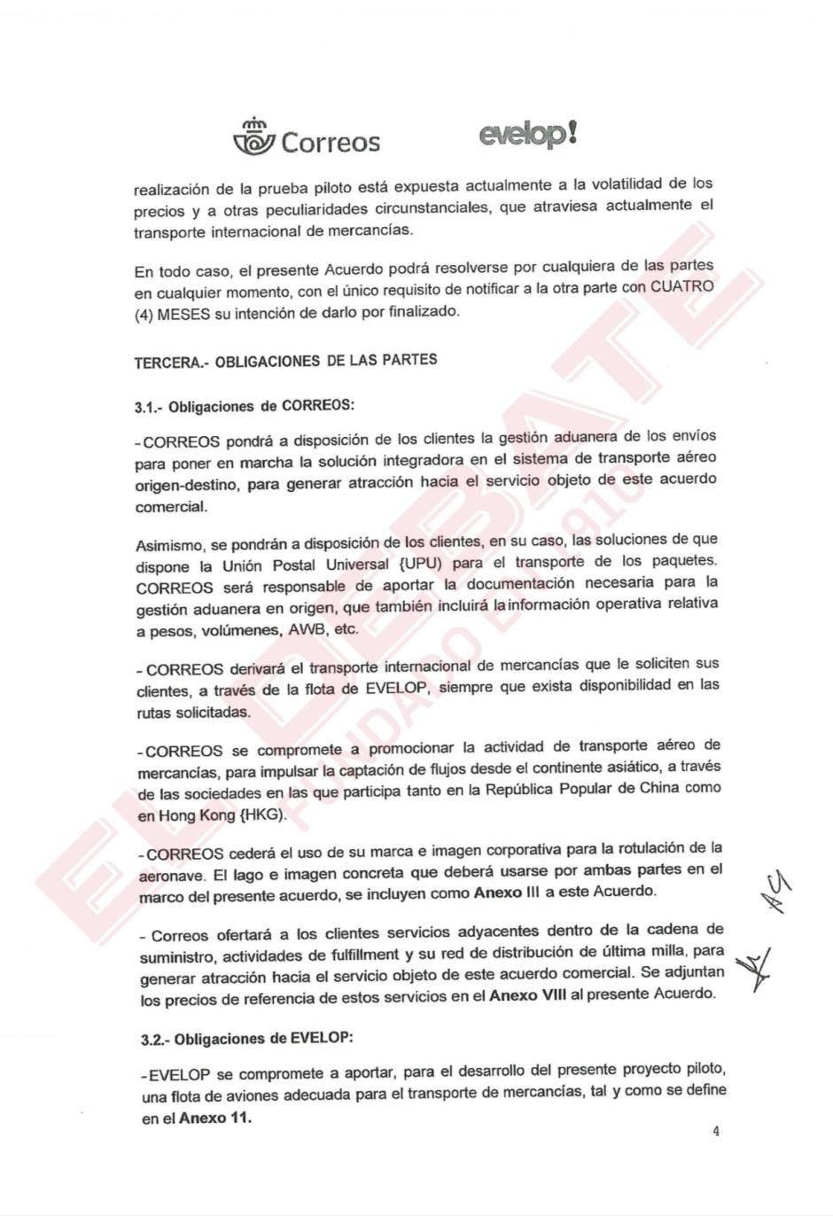 Una parte del contrato firmado entre Correos y Evelop