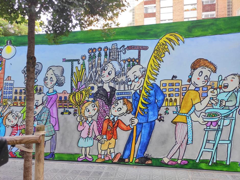 Detalle del mural de Pilarín Bayés en la calle Madrazo de Barcelona