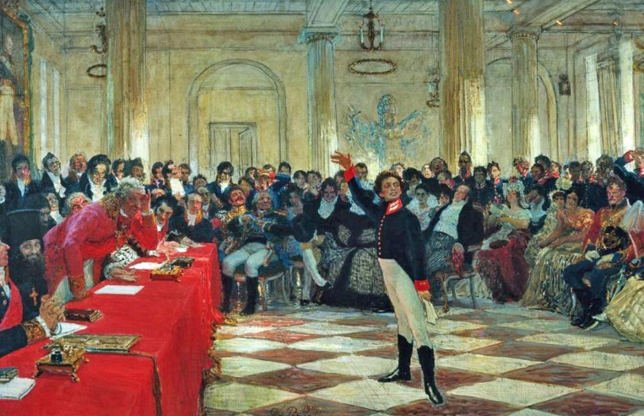 Pushkin a los 14 años recitando ante Derzhavin (1911) de Iliá Repin