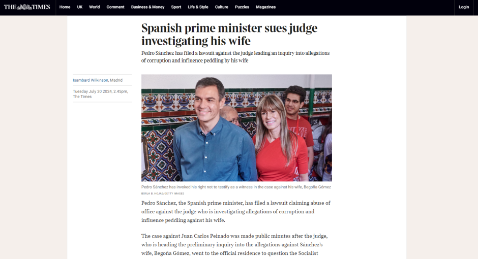 Noticia de The Times sobre Pedro Sánchez y su querella al juez peinado