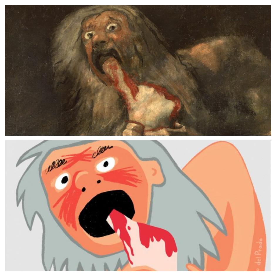 Otra de las Pinturas Negras de Goya, tal vez la que mayor impacto causa en el público, es Saturno devorando a sus hijos. El realismo extremo de la pintura refuerza aún más la crueldad de la escena mitológica de canibalismo en la que el dios padre de Júpiter aparece completamente desprovisto de cualquier tipo de gloria para quedar rebajado a un demente asesino. Como sticker de Whatsapp, no queda muy claro para qué momento podría ser apropiado.