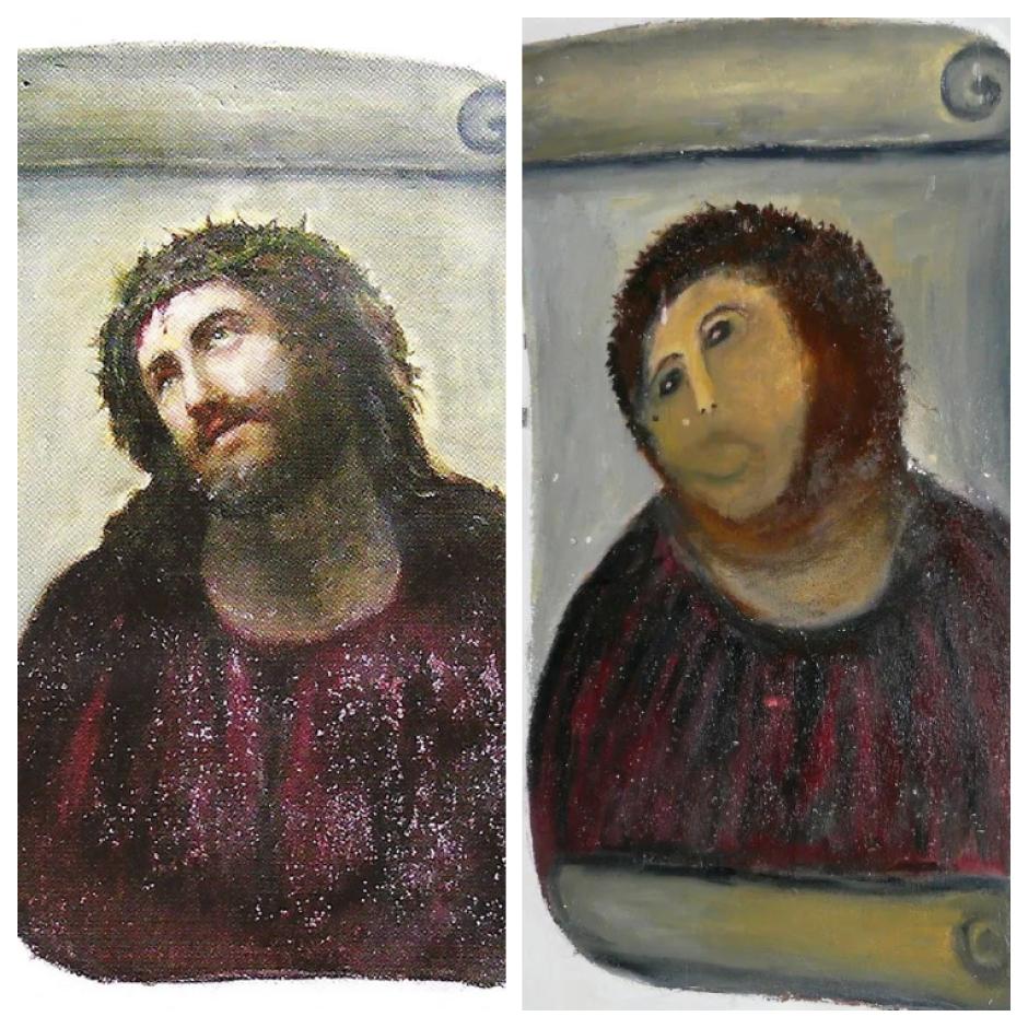 La catastrófica intervención de Cecilia Giménez, colaboradora habitual de la parroquia de Borja y pintora aficionada, en el Ecce Homo original de Elías García Martínez causó un revuelo que trascendió las fronteras nacionales. El resultado fue una pintura totalmente irreconocible y de rasgos propios de una pintura infantil. La debilidad de la pintura original, pintada al fresco sobre el muro de la iglesia, hizo imposible la intervención para recuperar el original. Además, el eco mediático convirtió el Santuario de la Misericordia de Borja en un reclamo turístico.