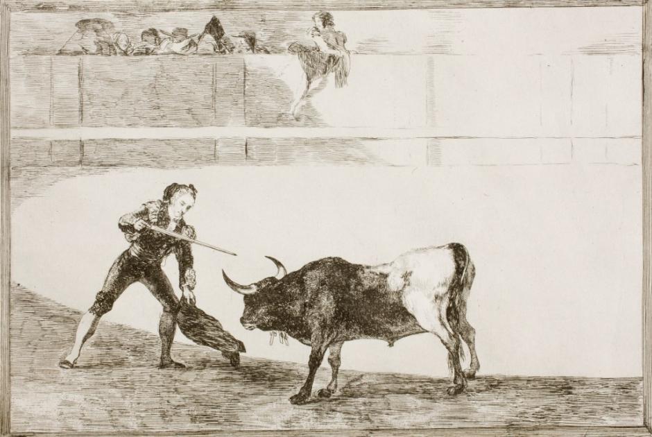 También de Goya, Pedro Romero matando á toro parado representa al torero en la suerte de matar. Deja Goya aquí un testimonio único del torero Pedro Romero, figura de la escuela rondeña, donde la austeridad alejada de los adornos barrocos y florituras de la escuela sevillana lo ubican como un prototipo del torero clásico.