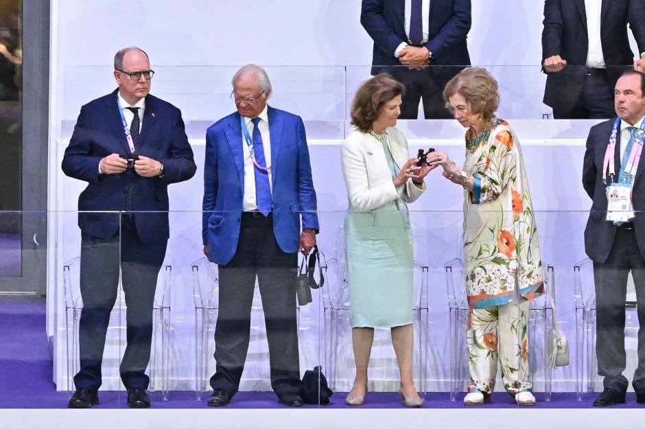 Albert II, Prince of Monaco, King Carl XVI Gustaf of Sweden, Queen Silvia of Sweden and Queen SofÃa of Spain during the closing ceremony of the 2024 Paris Olympic Games, at the Stade de France in Paris, France on August 11, 2024.