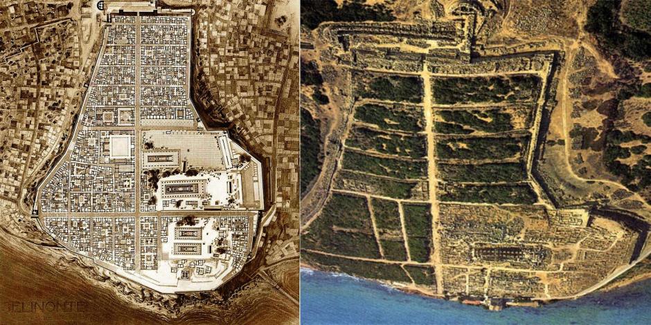 Plano de la acrópolis de la antigua ciudad de Selinunte realizado por Gustave Fougères en 1910 y una vista aérea de la ciudad