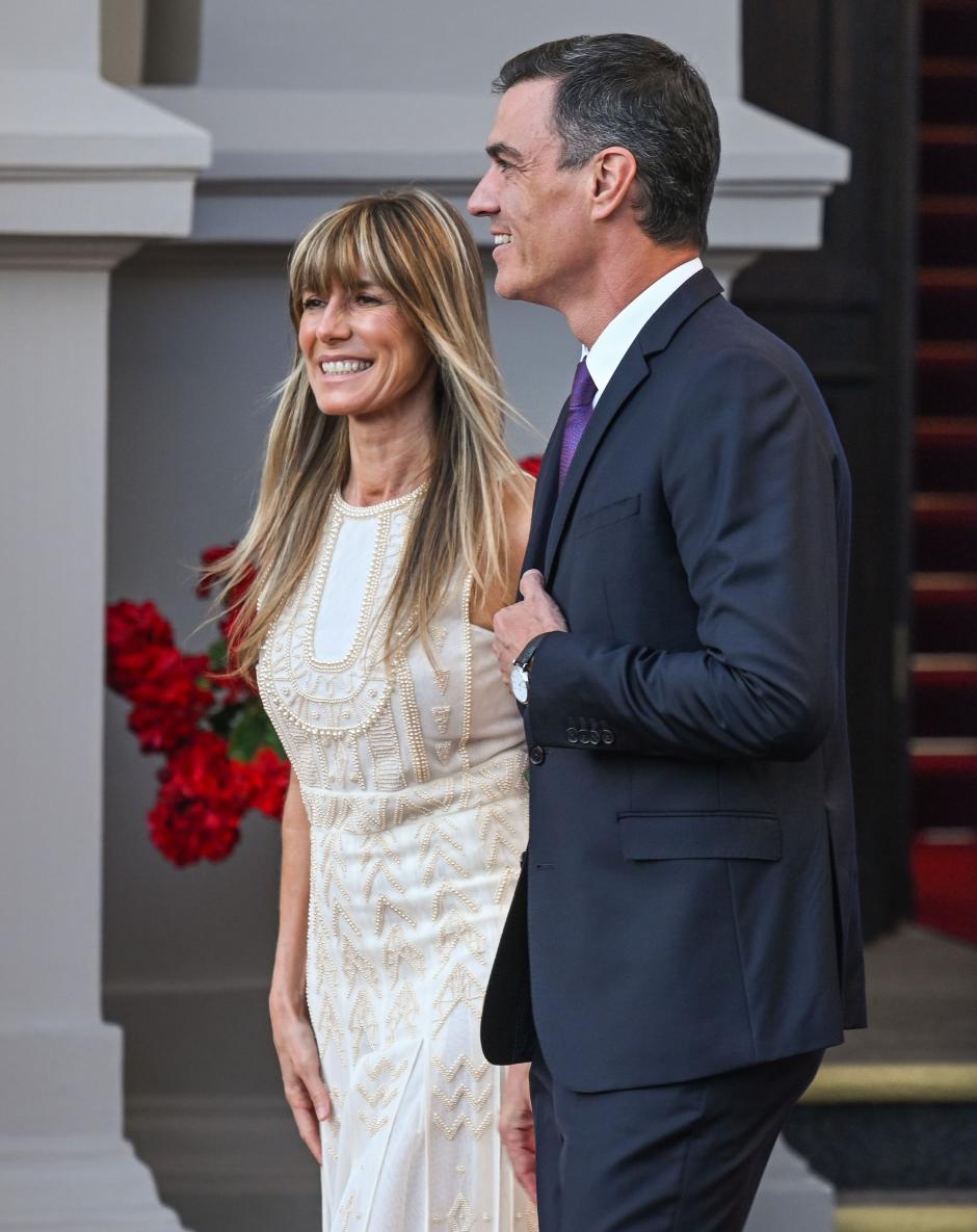 Prime Minister of Spain Pedro Sanchez and wife María Begona Gomez Fernandez arrive at the Presidential Palace in Vilnius, ahead of a social dinner hosted by on the first day of the 2023 NATO Summit, on July 11, 2023, in Vilnius, Lithuania.Lithuania.