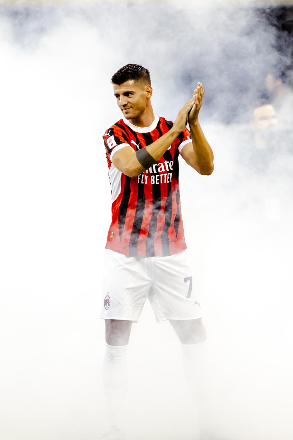 Alvaro Morata is in action during the Trofeo Berlusconi match between AC Milan and AC Monza in Milano, Italy, on August 13, 2024, at Stadio Giuseppe Meazza .