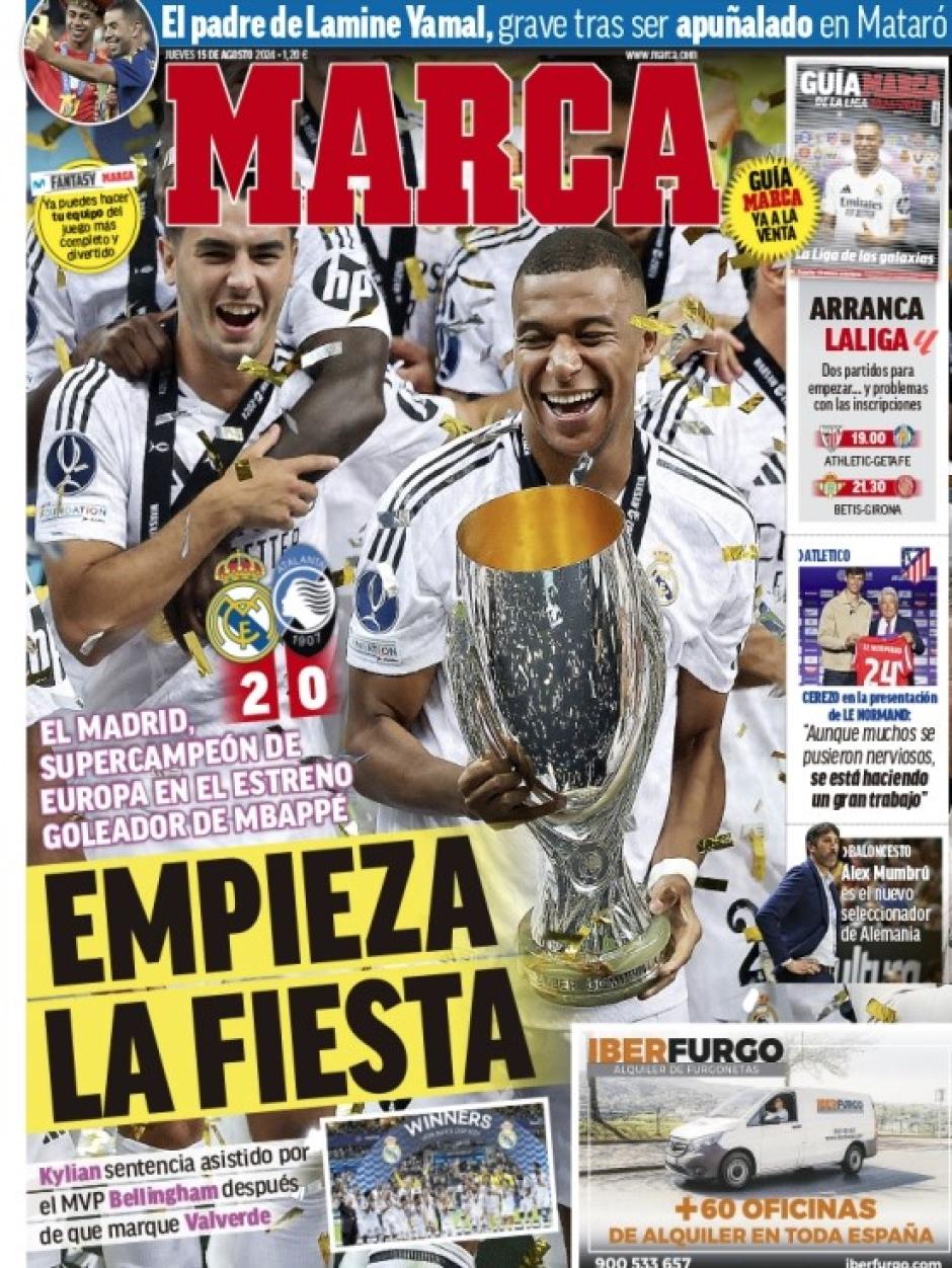 El periódico español MARCA ensalzó la victoria del Real Madrid en la Supercopa de Europa con el titular: "Empezó la fiesta"