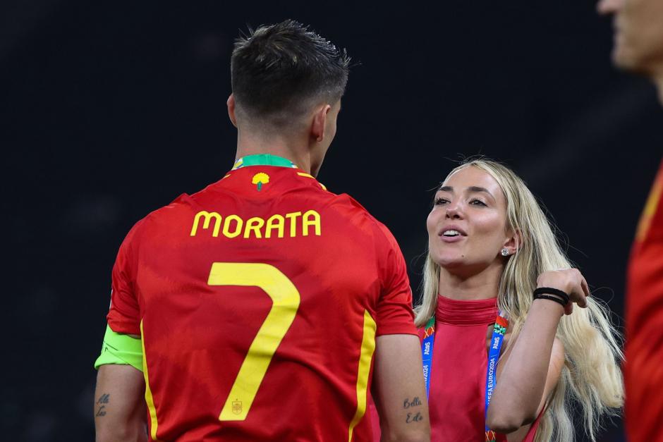 Soccerplayer Alvaro Morata andAlice Campello celebrate victory after the UEFA EURO 2024 final match between Spain and England at Olympiastadion on July 14, 2024 in Berlin, Germany.