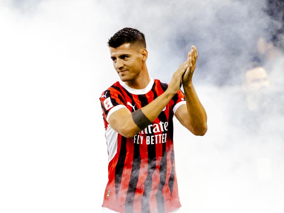 Alvaro Morata is in action during the Trofeo Berlusconi match between AC Milan and AC Monza in Milano, Italy, on August 13, 2024, at Stadio Giuseppe Meazza .