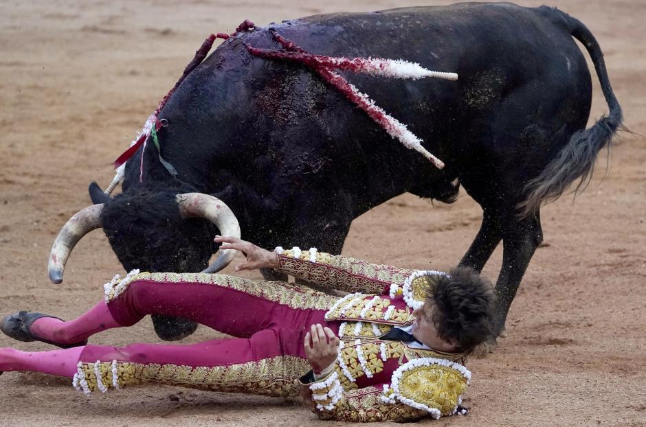 Roca Rey, en la arena de la plaza de El Bibio durante el percance