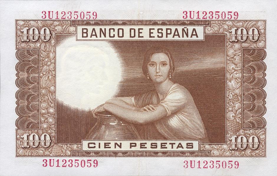 Billete de 100 pesetas lanzado en 1953 que inmortalizó al cuadro