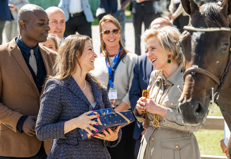 Durek Verrett, Princess Martha Louise of Norway and Princess Astrid of Belgium pictured during a visit to the top of Belgian equestrian at Stall Gullik, Norway's biggest trading- and showjumping stables, in Lierskogen, part of an economic mission to Norway, Monday 17 June 2024.