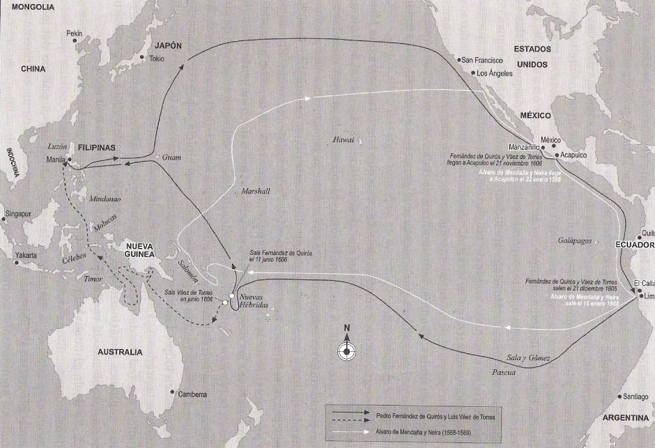 La expedición en color claro es el primer viaje del español Mendaña al Pacífico (1568), quien descubrió las islas Salomón. La expedición en oscuro es el viaje de Quirós en 1606, quien descubrió las Vanuatu.