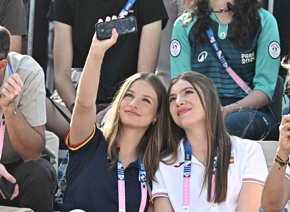 Princess Leonor and Infanta Sofia during beachvolley match during 2024 Olympic games, Paris 2024, in Paris, France on July 29, 2024.