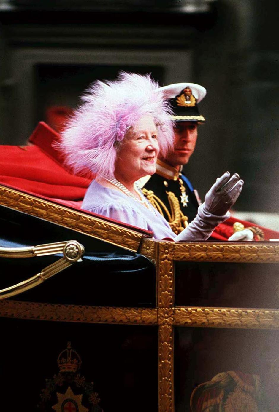 Mandatory Credit: Photo by DHT/Shutterstock (78909a)
The Queen Mother - Queen Elizabeth II aka Lady Elizabeth Bowes-Lyon, former Duchess of York, riding horse drawn carriage with Prince Charles