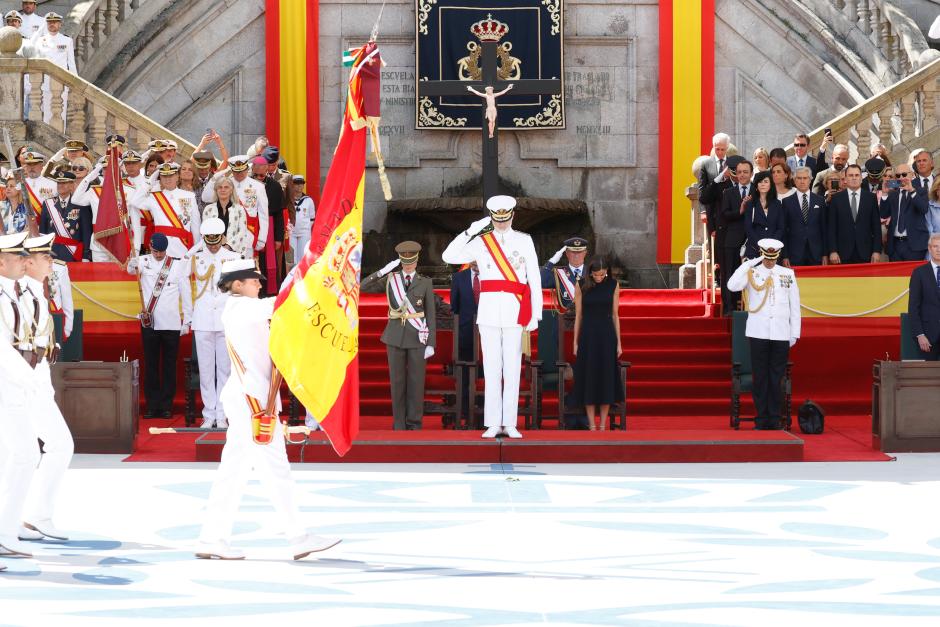 Spanish King Felipe VI with Letizia and Princess Leonor de Borbon attending the Flag Pledge (Jura de Bandera and entrega de Despachos de empleo) ceremony Marin Naval Military Academy in Marin, Pontevedra on Tuesday, 16 July 2024.