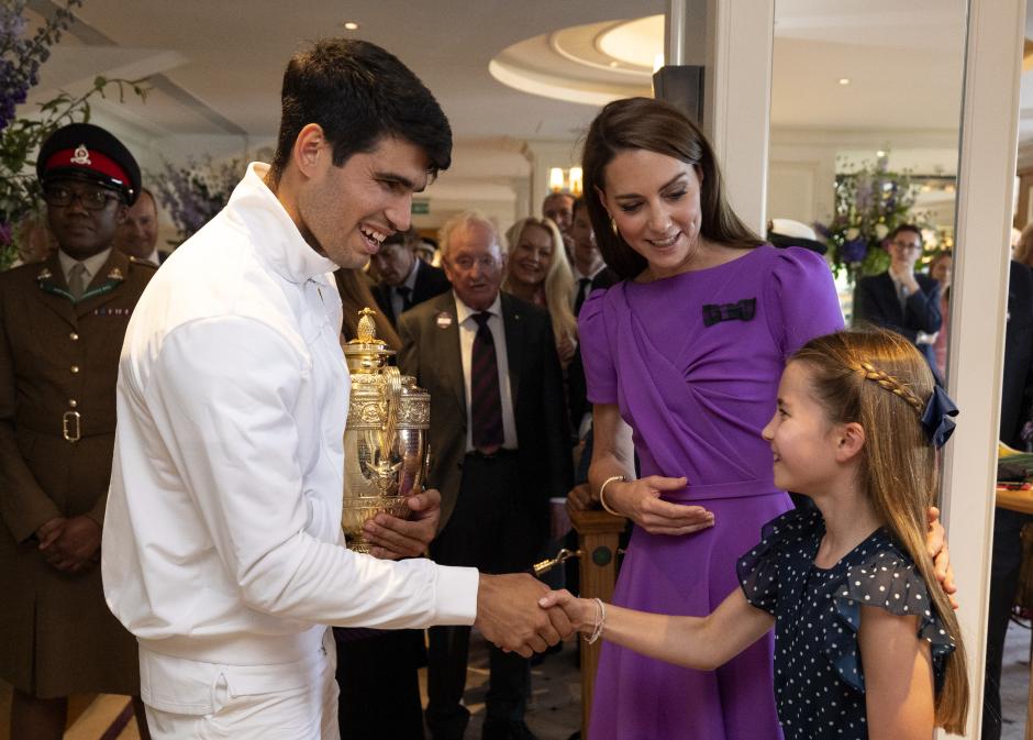 Carlos Alcaraz with Kate Middleton Princess of Wales and and Princess Charlotte during Wimbledon 2024 in London