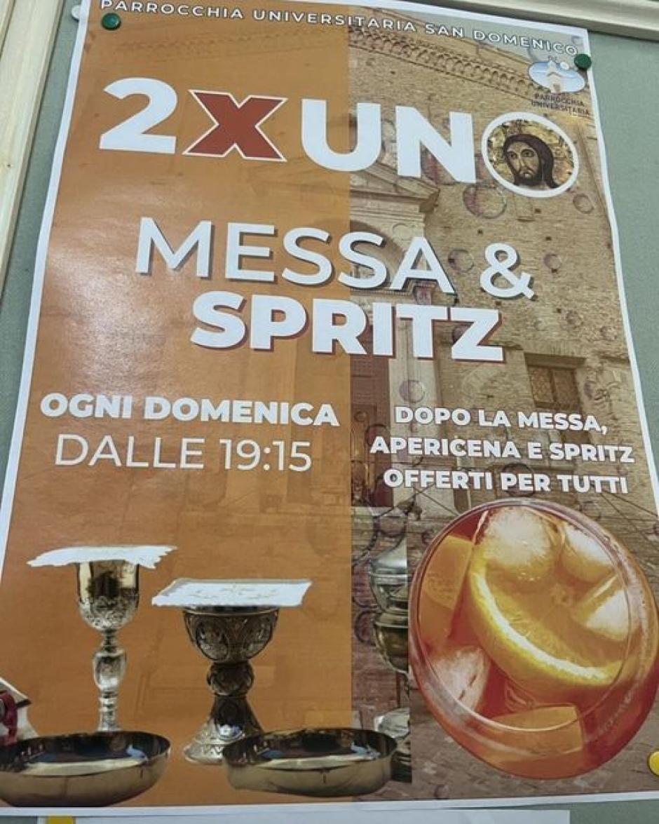 Cartel para la parroquia universitaria donde se lee '2×1 Misa y spritz'