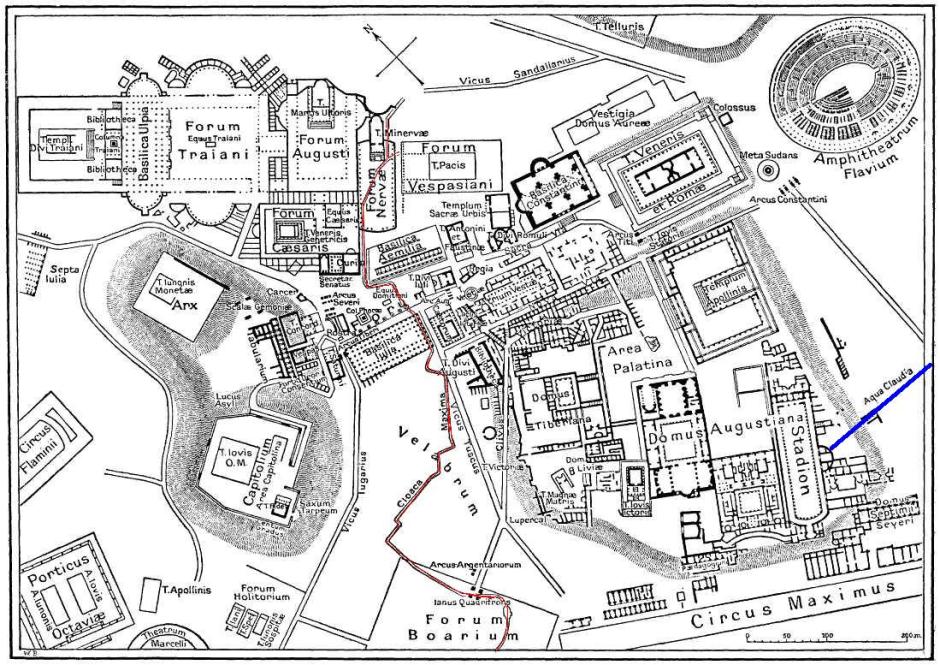 Mapa del centro de Roma en la época del Imperio romano, con la Cloaca Máxima en rojo.