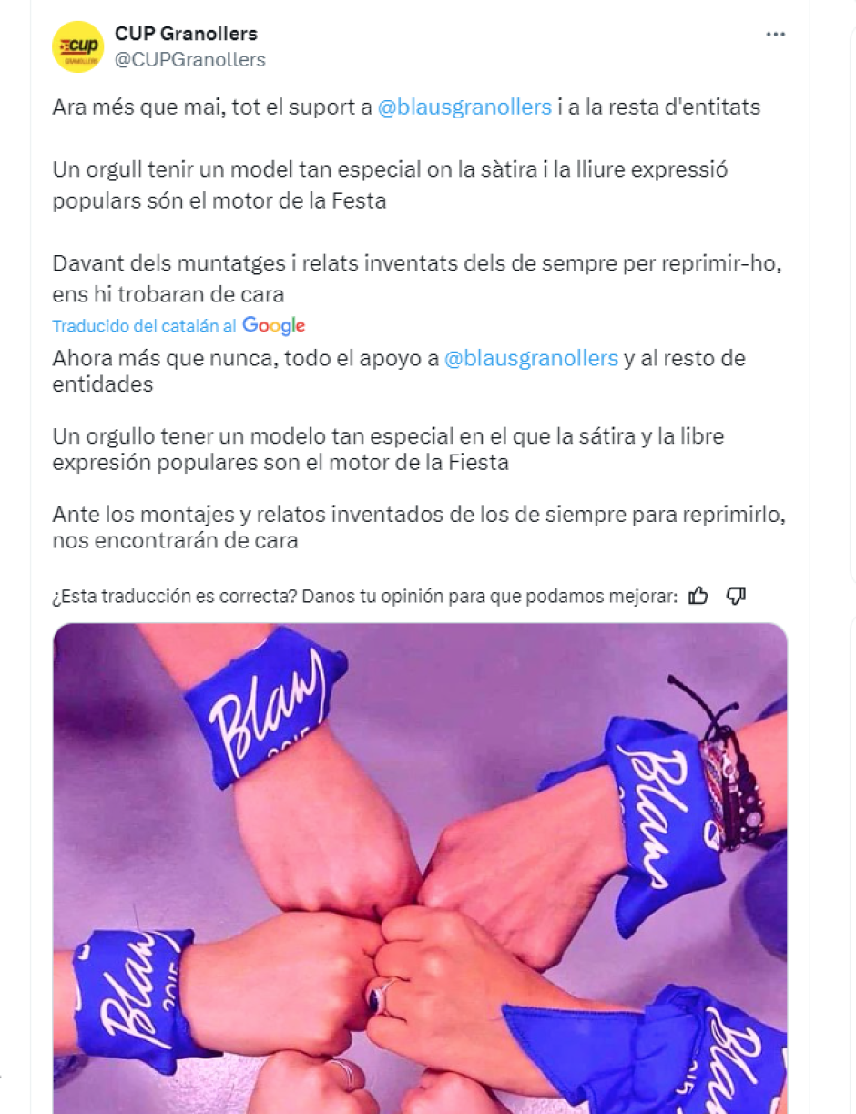 Imagen del post publicado por la cuenta oficial de la CUP de Granollers