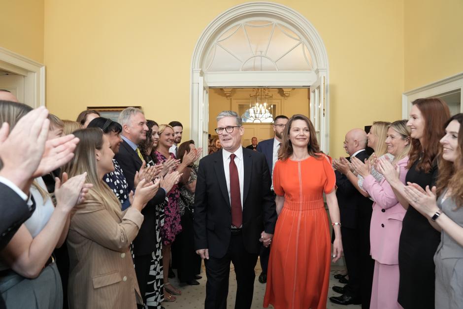 Newly elected Prime Minister Sir Keir Starmer with his wife Victoria Starmer enter his official London residence at No 10 Downing Street for the first time after the Labour Party won a landslide victory at the 2024 General Election.