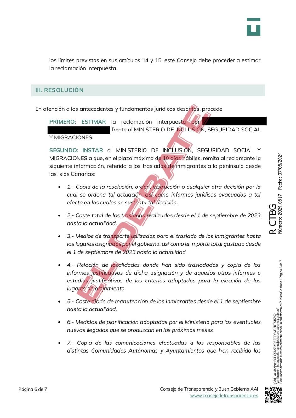 Documento oficial instando al Gobierno a aclarar su gestión migratoria