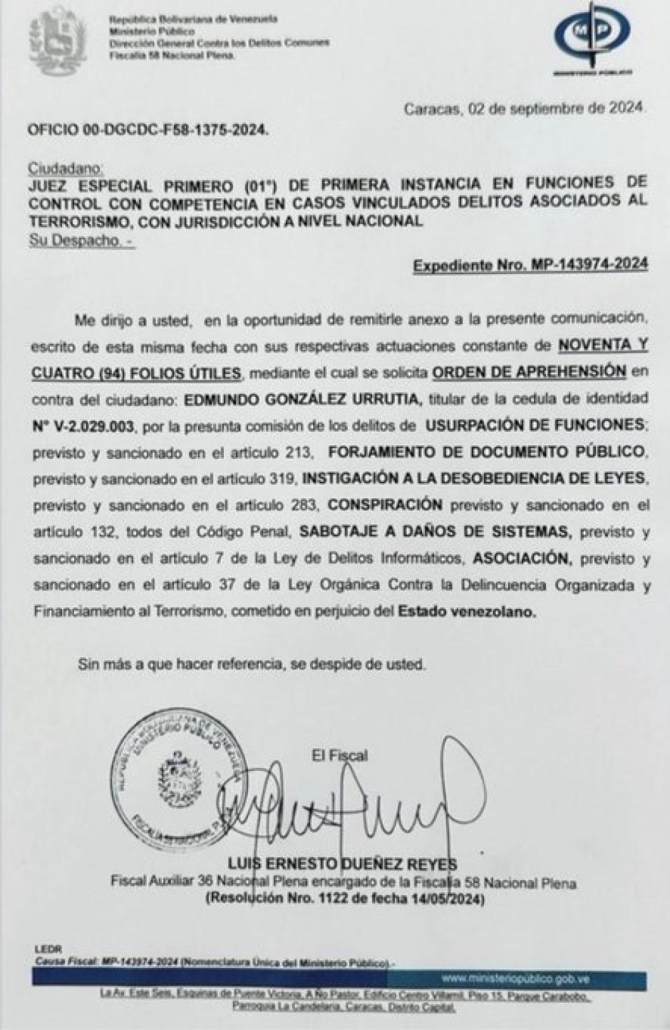 La Fiscalía de Venezuela solicita orden de aprehensión contra Edmundo González Urrutia