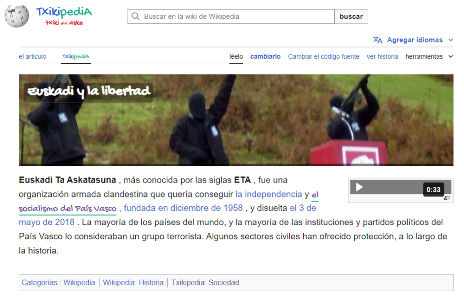 Captura de la Txikipedia en la que se blanquea el grupo terrorista ETA