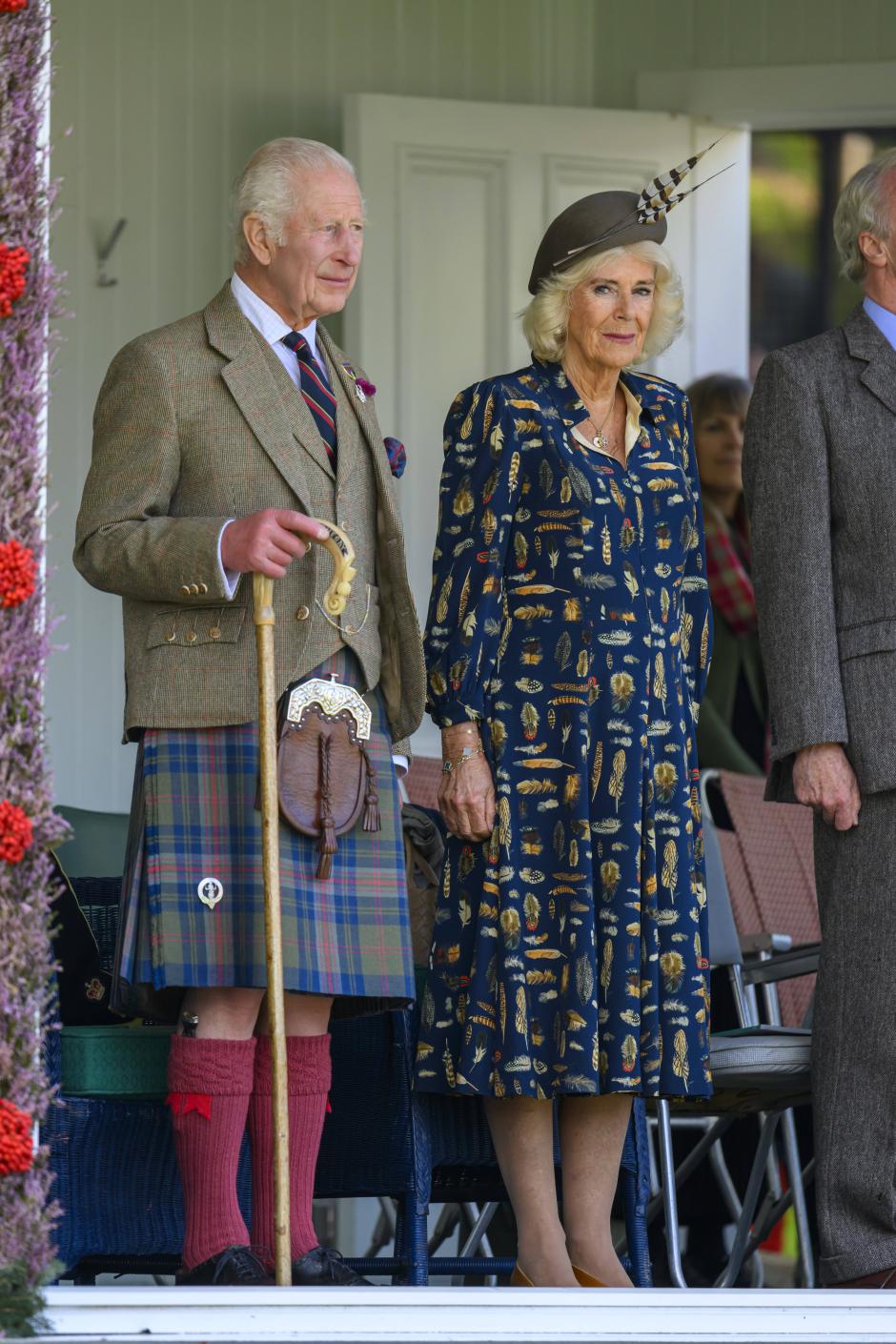 King Charles III and Queen Camilla arriving for the Braemar Gathering highland games at the Princess Royal and Duke of Fife Memorial Park held a short distance from the royals' summer retreat at the Balmoral estate in Aberdeenshire. Picture date: Saturday September 7, 2024. *** Local Caption *** .