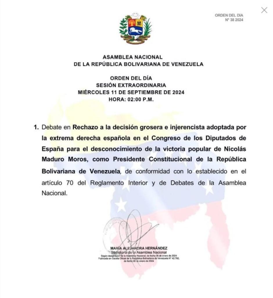 Orden del día de la sesión extraordinaria de la Asamblea Nacional de Venezuela