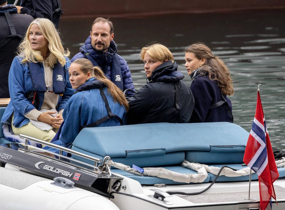 Prince Haakon and Princess Mette Marit and Princess Ingrid Alexandra and Prince Sverre Magnus and Amalie Giaver MacLeod during the wedding celebration of Martha Louise of Norway and Durek Verrett in Geiranger