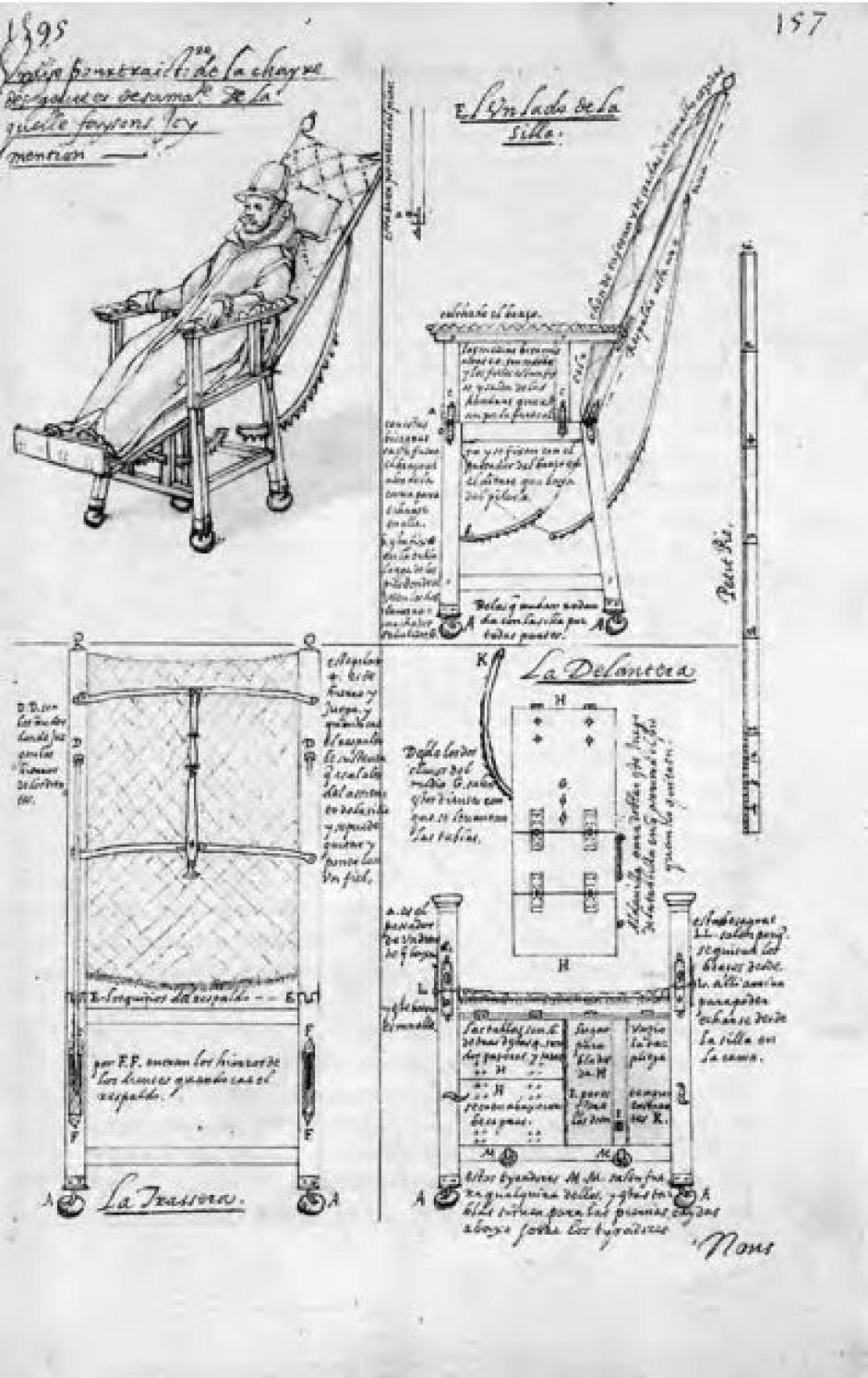 Silla de manos de Felipe II, llamada "de las gotas", destinada para paliar los dolores de gota del monarca. Dibujo de Jehan Lhermite