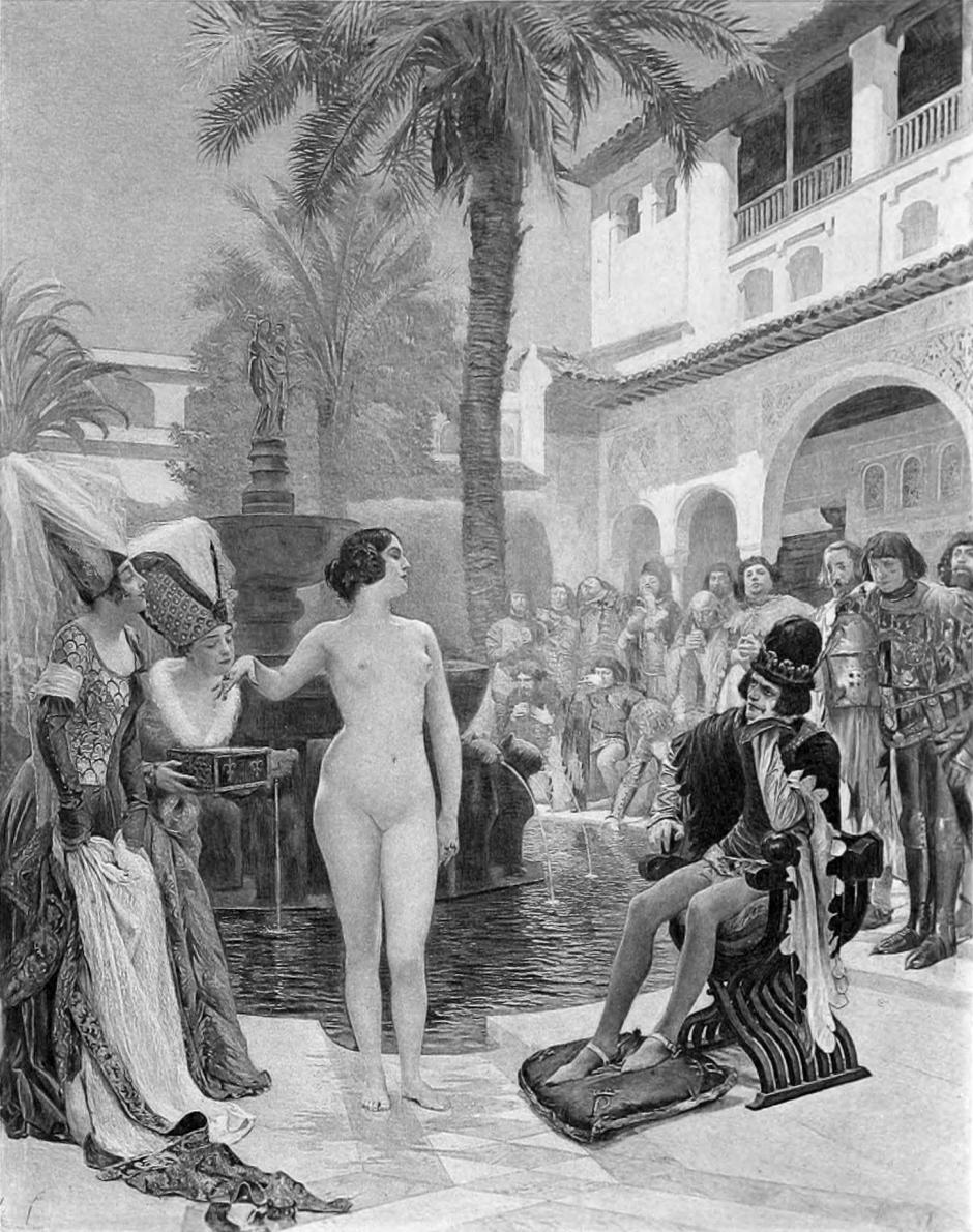 María de Padilla, desnuda en el Alcázar de Sevilla frente a Pedro I, en un grabado de Paul Gervais