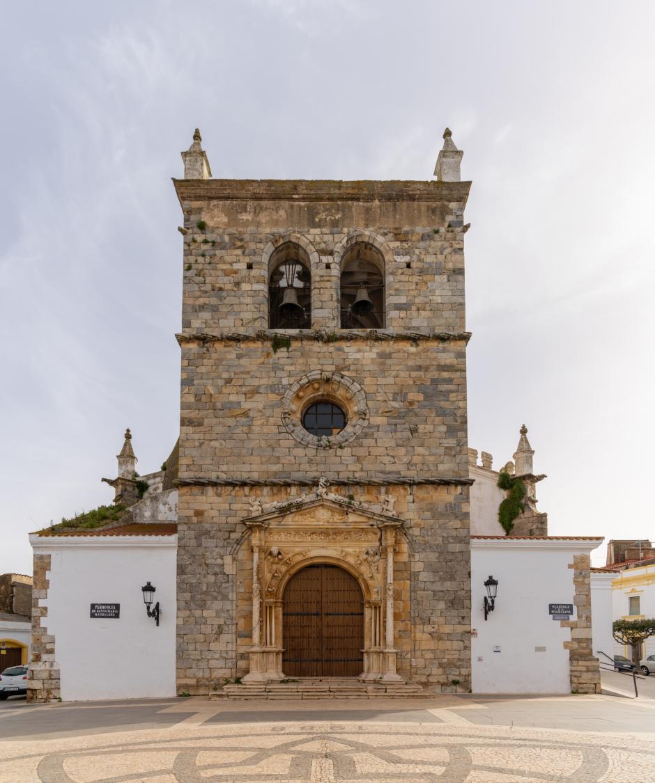 Olivenza, Spain - 27 March, 2022: view of the historic Santa Maria Magdalena church in the old town of Olivenza