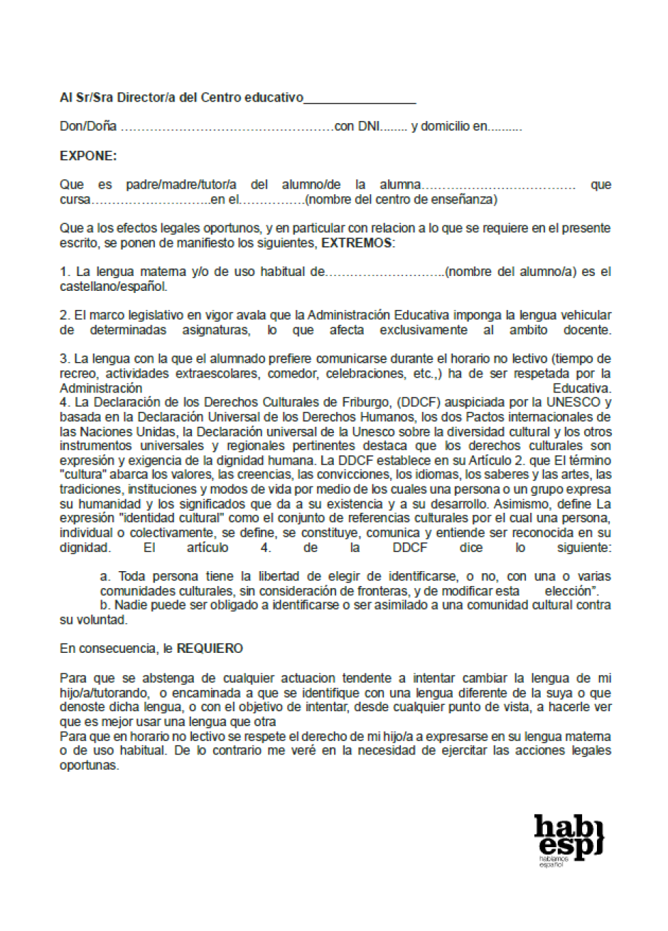 Documento redactado por Hablamos Español para denunciar