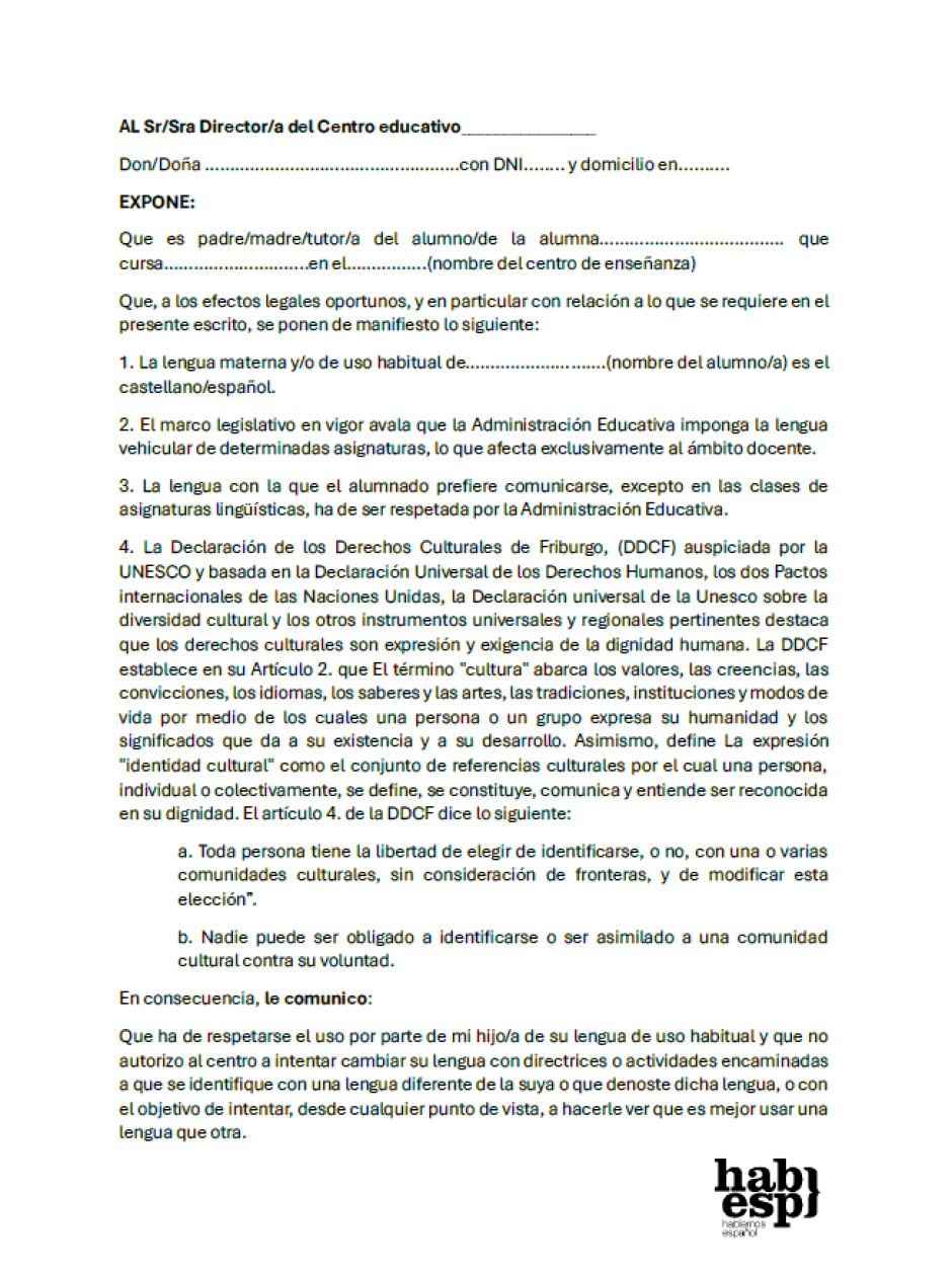 Documento redactado por Hablamos Español para denunciar sin patio