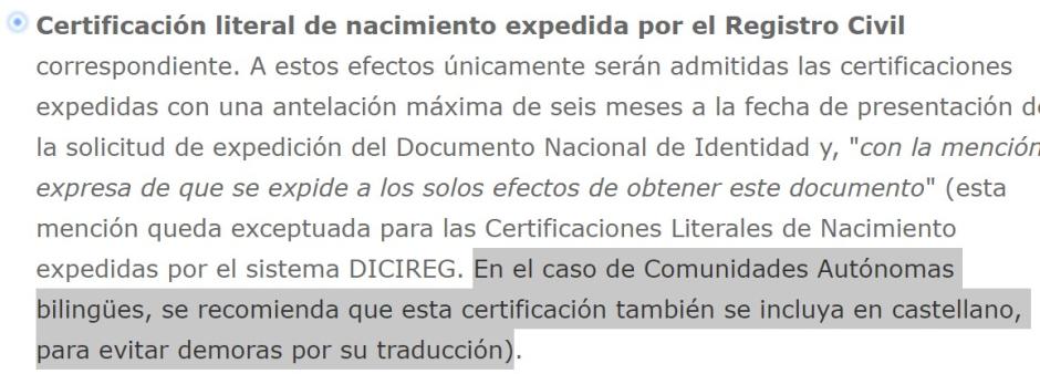 Primera versión de la página de la Policía Nacional en la que recomendaba actas de nacimiento traducidas