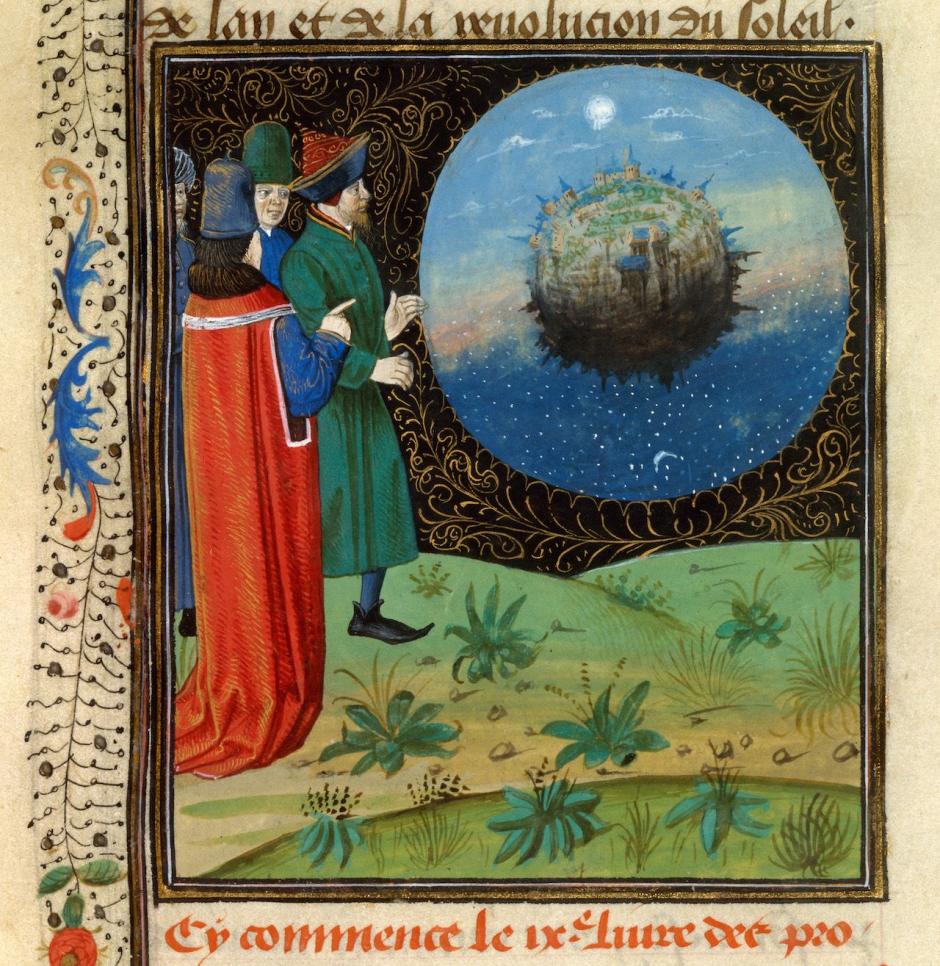 Los astrónomos observan la Tierra esférica. Iluminación medieval que adorna el De proprietatibus rerum