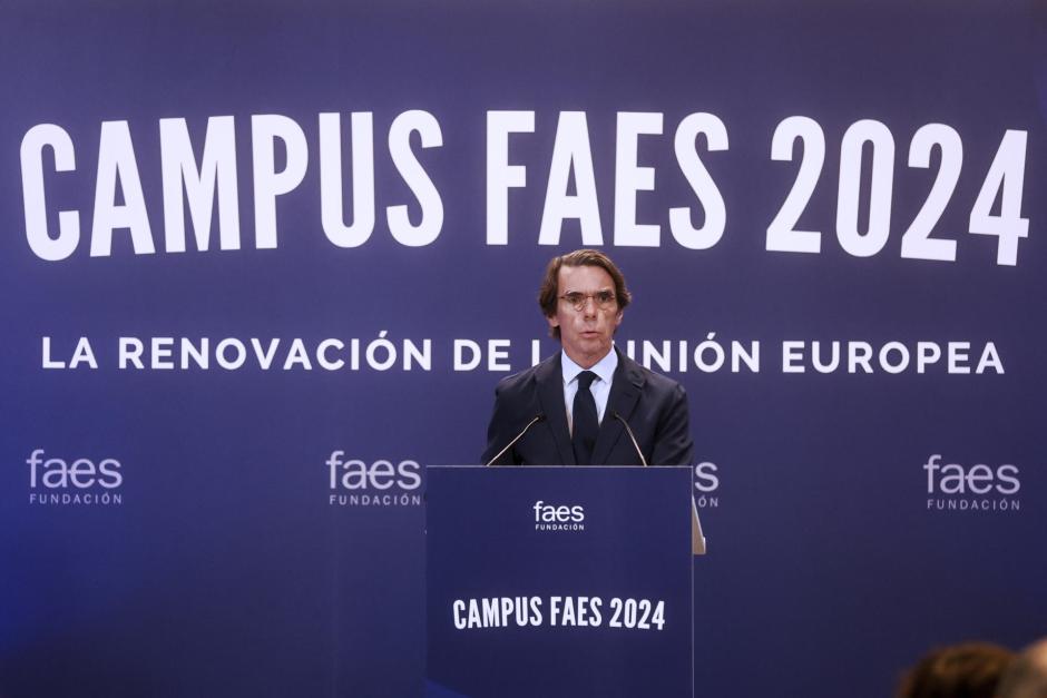 El expresidente del Gobierno y presidente de FAES, José María Aznar, interviene durante la inauguración del Campus FAES 2024