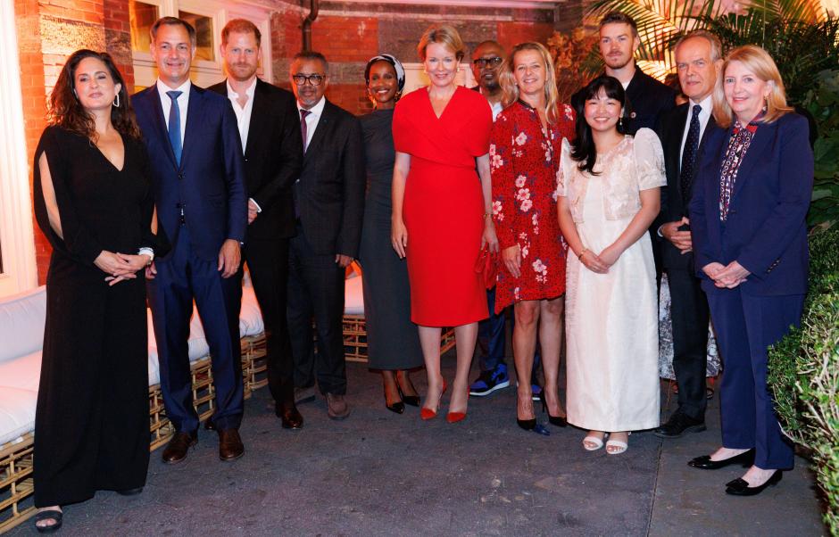 Outgoing Prime Minister Alexander De Croo, Prince Harry, Duke of Sussex, World Health Organisation WHO director-general Dr. Tedros Adhanom Ghebreyesus, Queen Mathilde of Belgium, Actor Forest Whitaker, British actor Will Poulter and United Nations International Children's Education Fund (UNICEF) Executive Director, Catherine Russel pictured during a high-level dinner on 'Violence against children and its impact on mental health' organized by WHO in New York City, United States of America, Sunday 22 September 2024.