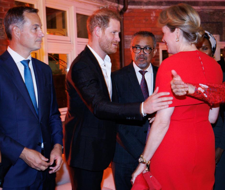 Outgoing Prime Minister Alexander De Croo, Prince Harry, Duke of Sussex, World Health Organisation WHO director-general Dr. Tedros Adhanom Ghebreyesus and Queen Mathilde of Belgium pictured during a high-level dinner on 'Violence against children and its impact on mental health' organized by WHO in New York City, United States of America, Sunday 22 September 2024.