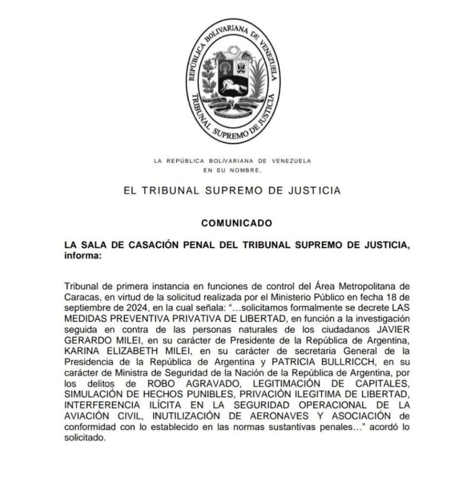 Orden de detención venezolana contra el presidente de Argentina, Javier Milei