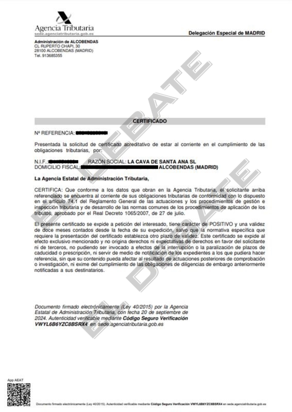 Documento de Hacienda que asegura que la empresa de Manu Tenorio está al corriente de sus obligaciones tributarias