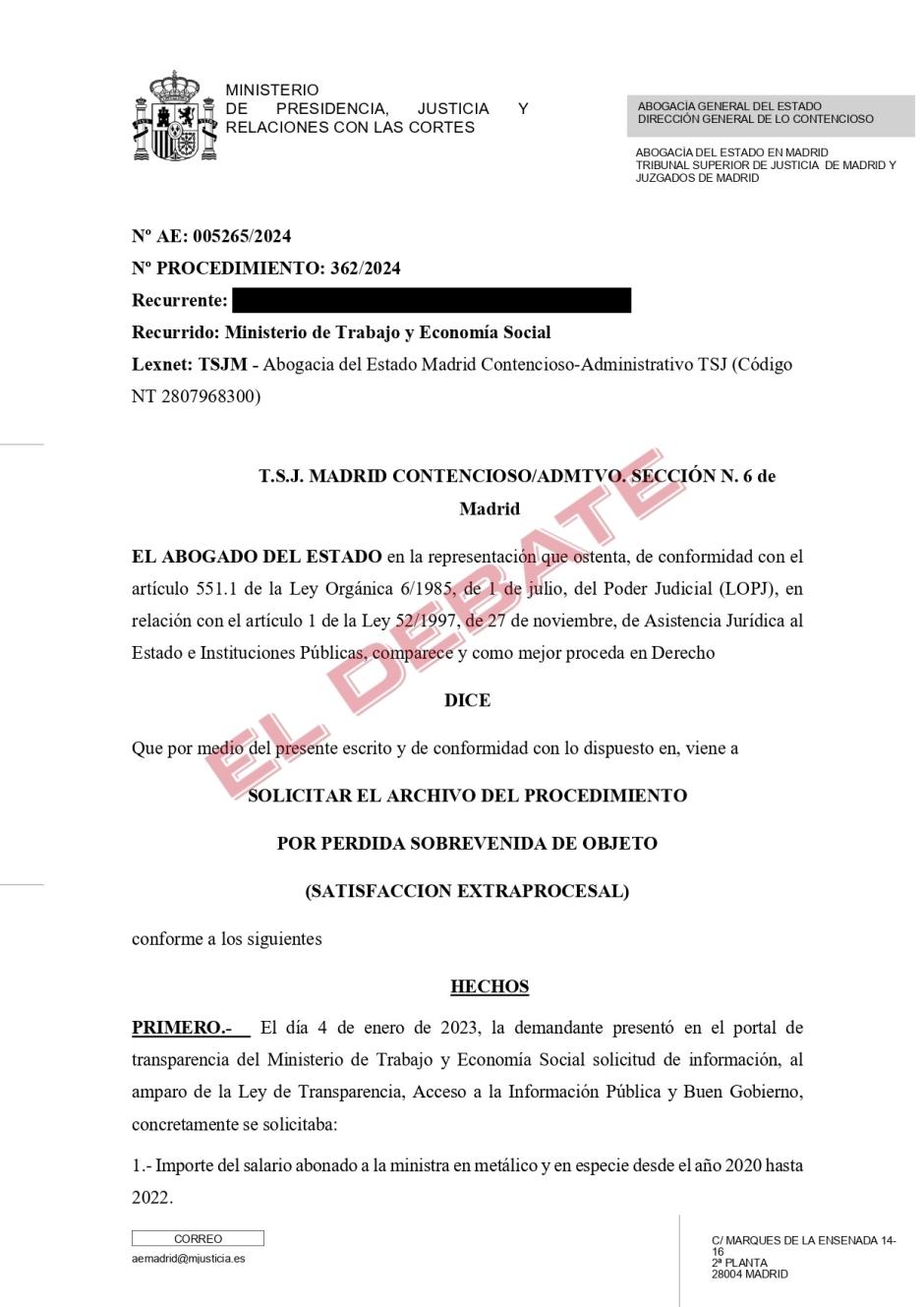 Escrito de la Abogacía del Estado solicitando el archivo de la causa